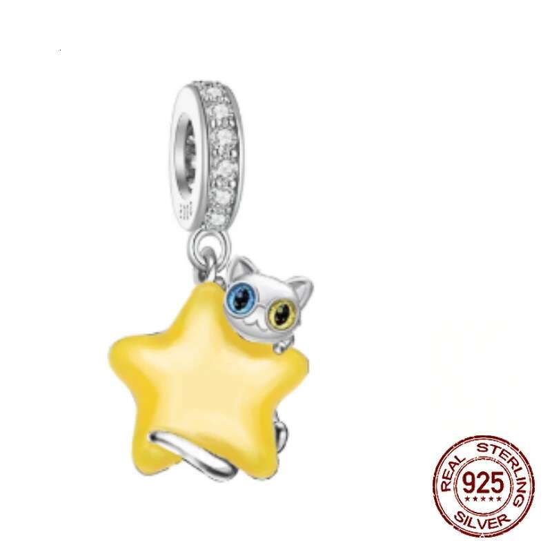 S925 Golden Color Charms Beads Sterling Silver wer Cat Moon Star Dangle pendant Fit Original Bracelet DIY Jewelry