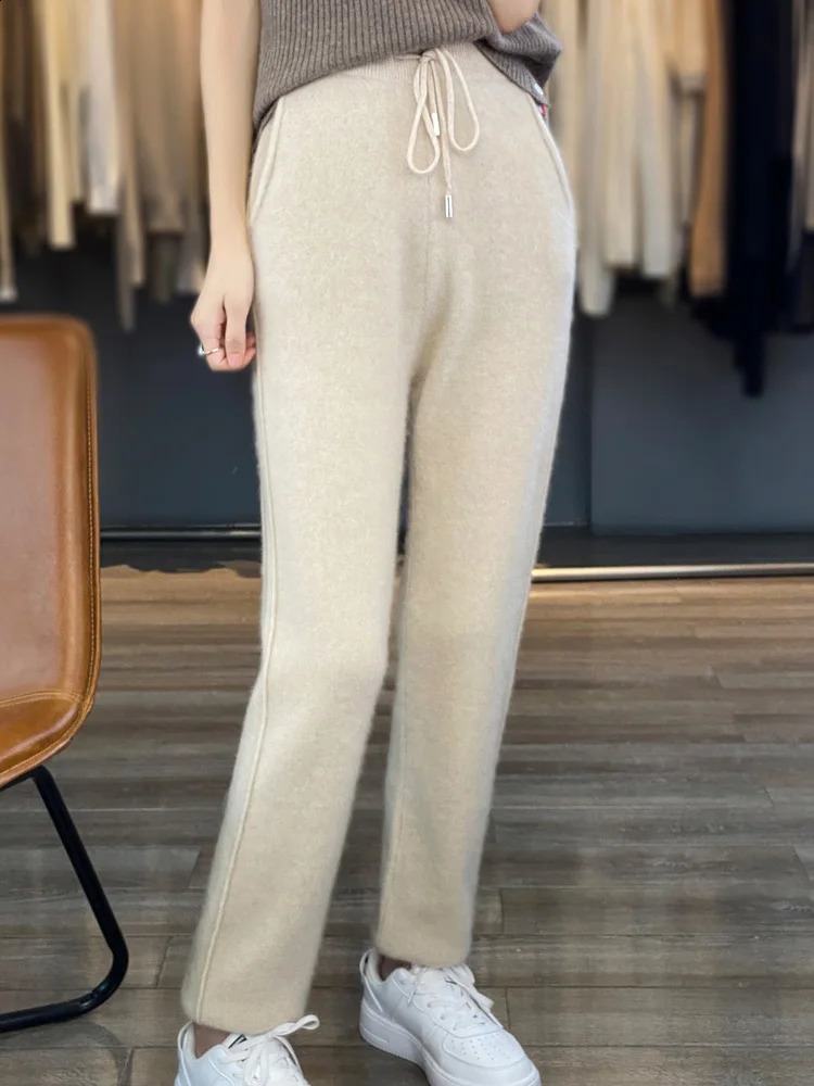 Spring and autumn ultrathin cashmere pants womens wool pencil high waisted simple style office women Trouser 100% Merino knitted 240913