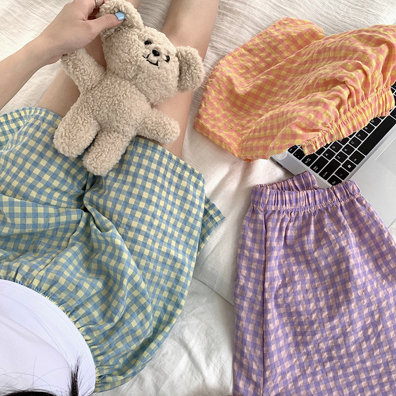 2024 Summer Women's Shorts Bottoms Pamas Cotton Soft By Checkered Printing Loose Home Thin Pants Women Sleepwear