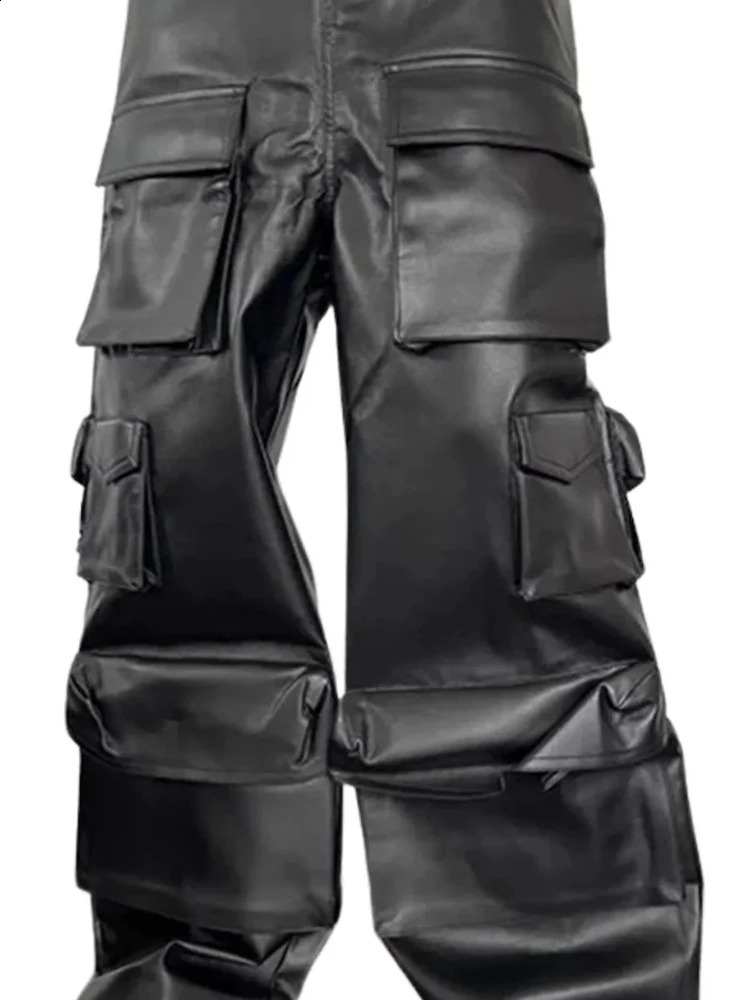 Mens black matte leather cargo pants mid waist loose straight pants with multiple pockets mens fashion Y2K PU Trouser customized Clubwear 240913