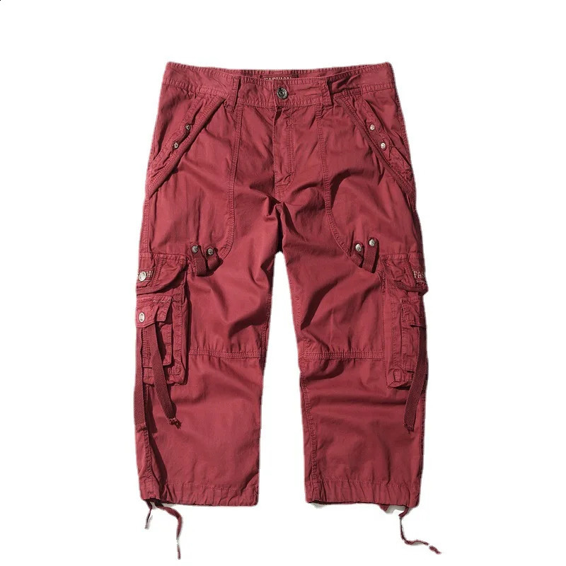 Korean Version of Mens Loose Multi Pocket Workwear Pants Washed Cropped Pants Cropped Pants Loose Cotton Pants 240913