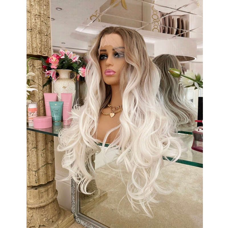 Heat Resistant Human Synthetic Mix Wig Ombre Platinum Front Wig Dark Brown Roots Transparent Swiss Lace Daily/Party Wearing
