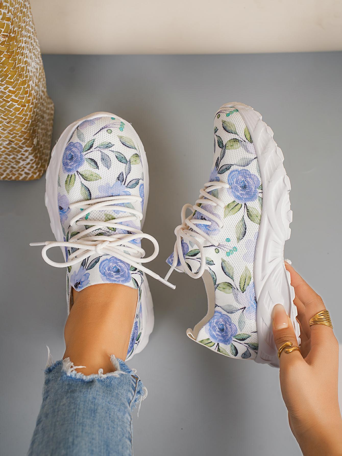 New Women's Vulcanize Round Toe Flat for Lace Up Platform Shoes Outdoor Light Causal Print Low Top Women Flats