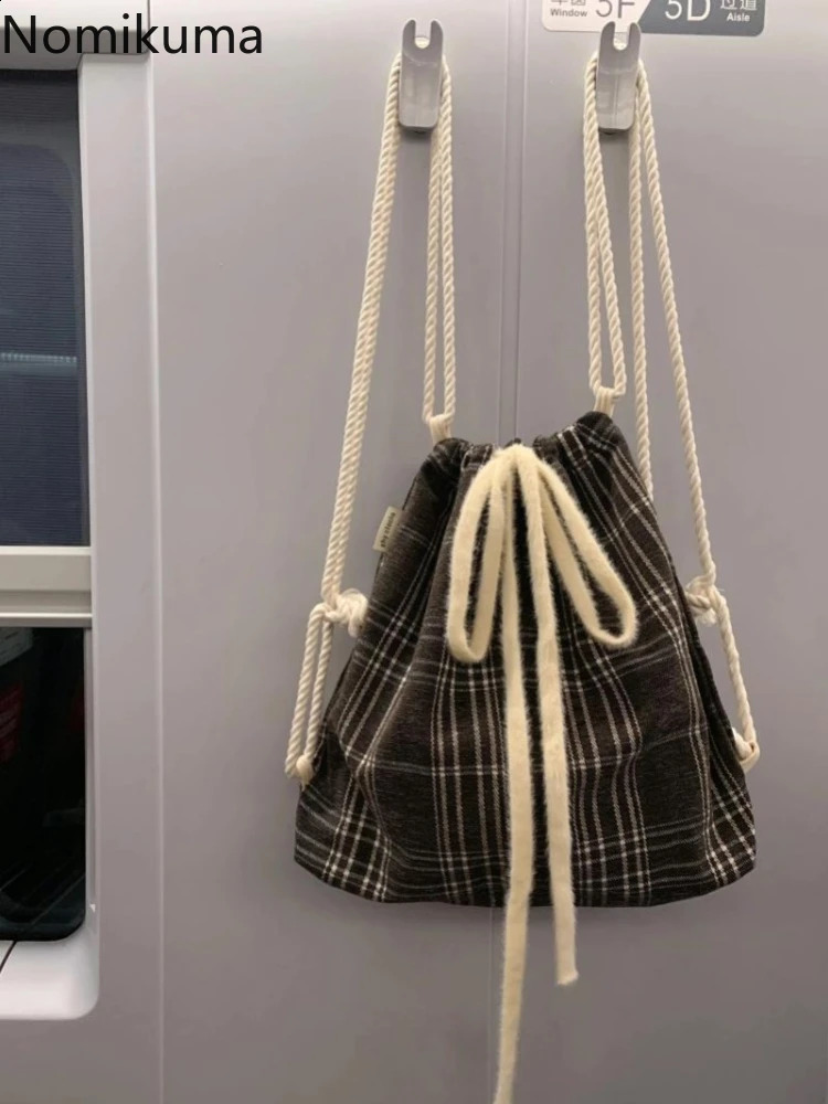Preparatory style Korean fashion plain backpack womens drawstring casual shoulder bag Y2k aesthetic womens retro backpack 49B177 240912