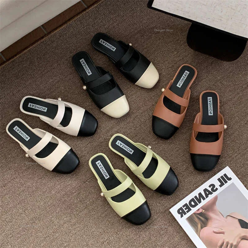 Half Slippers 2024S For Women To Wear In Summer Color Blocking Commuting Sandals Low Thick Heels Flat Bottoms And Lazy Shoes