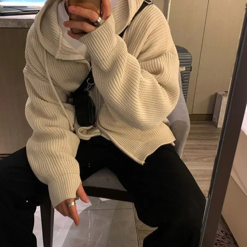 Dark charcoal gray hooded sweater jacket men cardigan sweater loose American retro Hong Kong style lazy men clothing trend y2k 240911