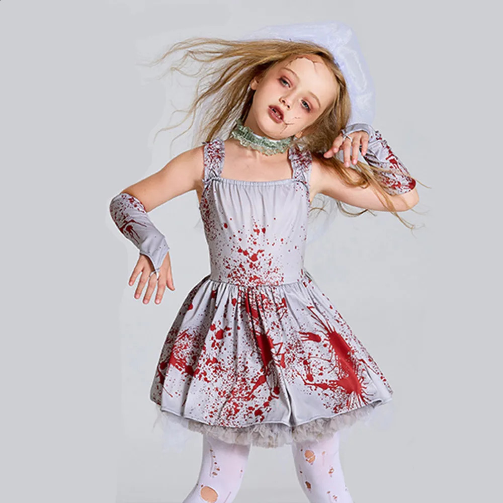 Girl Corpse Bride Horror Cosplay Children Halloween Bloody Walking Dead Zombie Costume Carnival Purim Cosplay Party Dress 240906