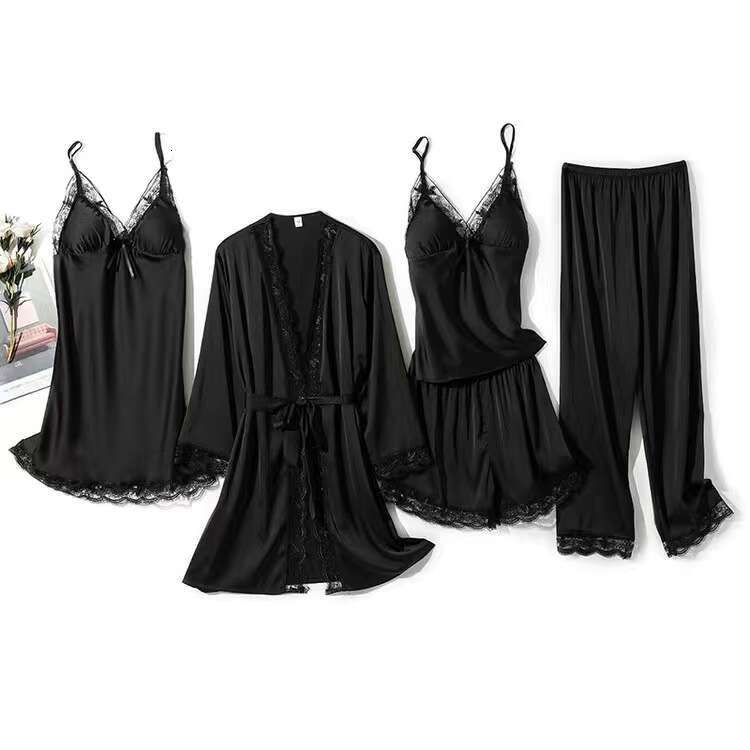 Women Sexy Pamas 5Pcs Satin Sleepwear Pijama Lace Wear Home Clothing Embroidery Sleep Lounge Pyjama With Chest Pads