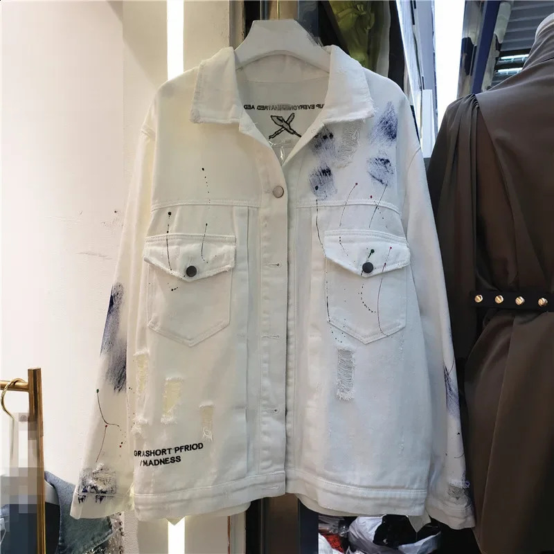Hand drawn Graffiti Printed Womens Denim Jacket Spring and Autumn Casual Hole Jeans Jacket 240906