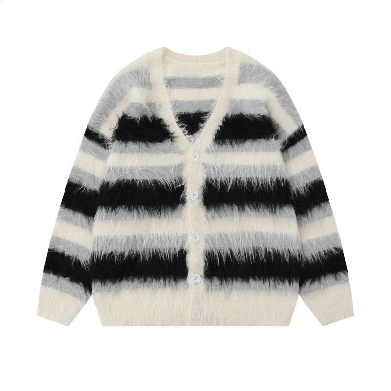 Striped plush Vneck sweater for women loose and casual brushed knit fashionable comfortable couples Harajuku street cardigan 240912