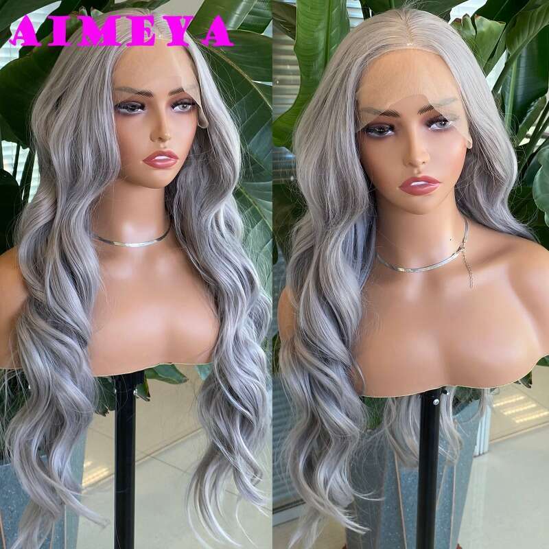 AIMEYA Platinum Blonde Synthetic Lace Front Wig Long Body Wave Natural Haire Wigs Heat Resistant Fiber Hair Daily Use Csplay