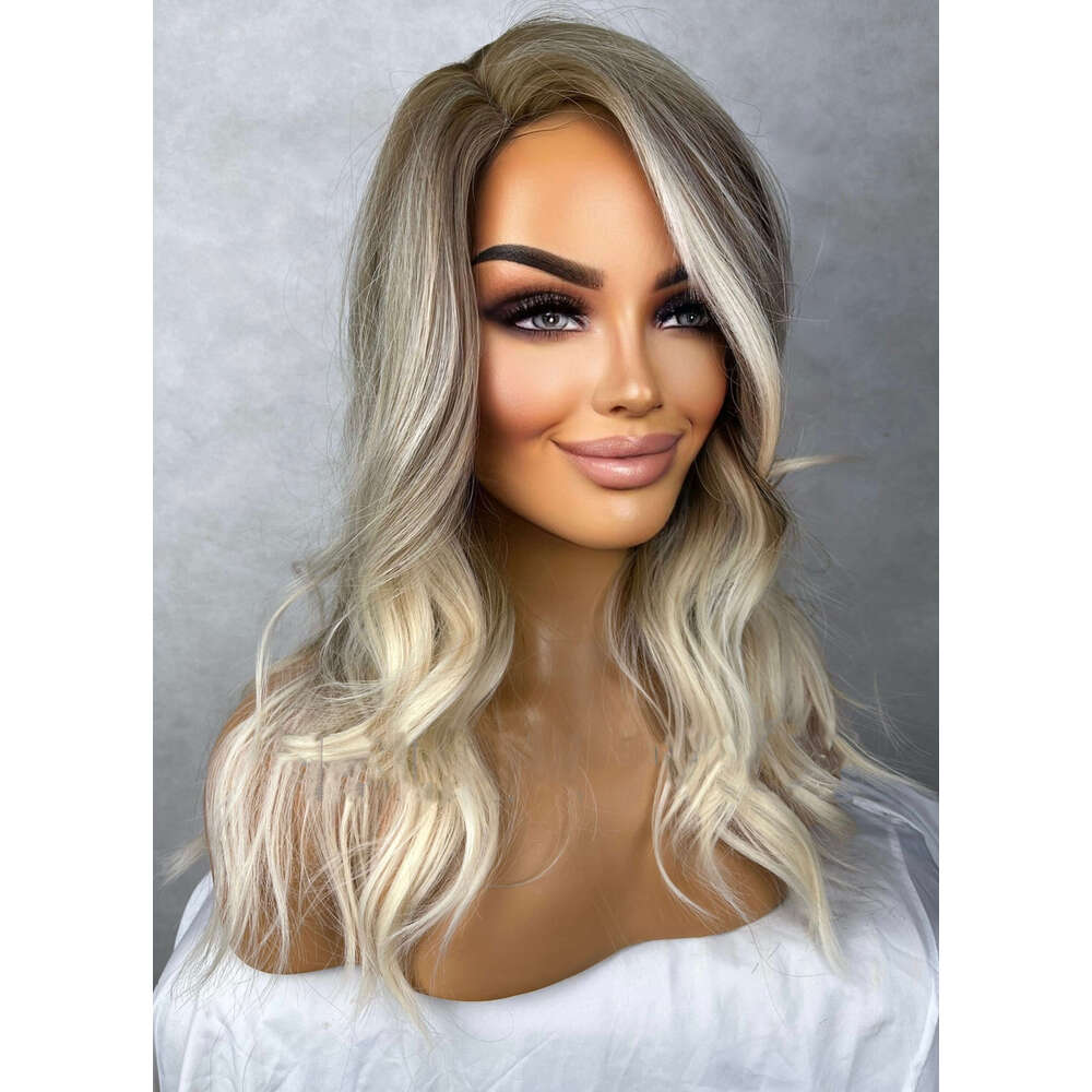 Synthetic Fiber Ash Blonde Balayage Highlights Wavy Side Parting Lace Front Womens Wig Heat Resistant Daily Use/Party 150%