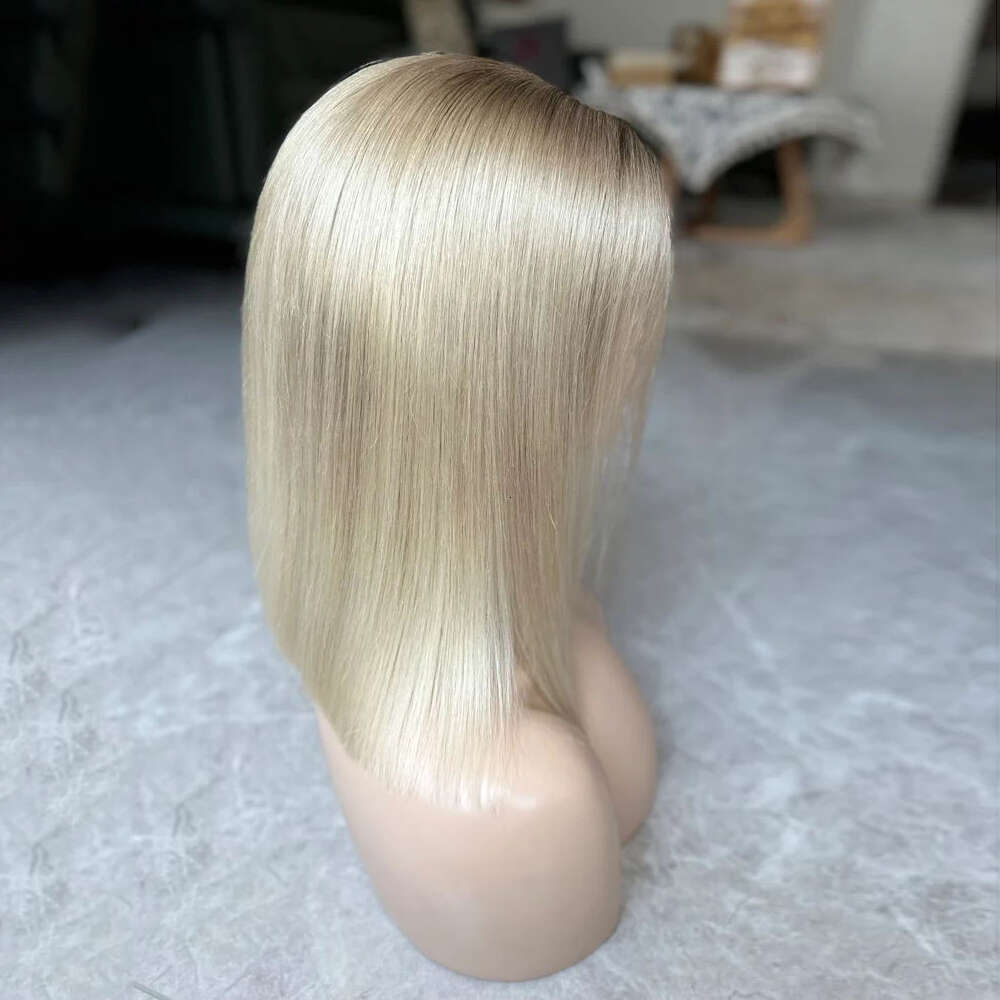 Ash Blonde Short Bob Synthetic Lace Front Wigs Silky Straight Dark Roots Melted Heat Resistant Cosplay Wig For Women