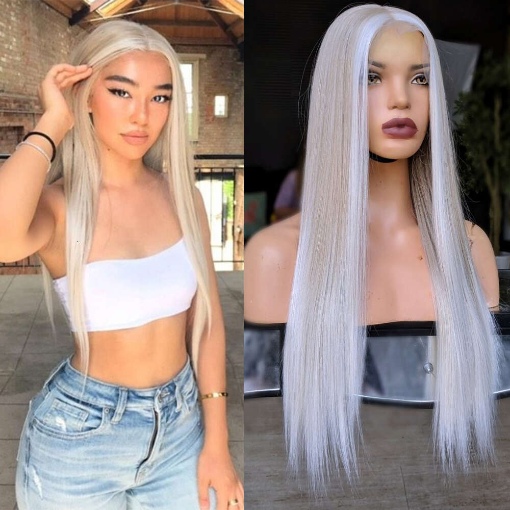 Human Hair Blended Synthetic Straight Creamy Blonde Highlights Front Wig 26" 150% Density Transparent Lace Daily/Party