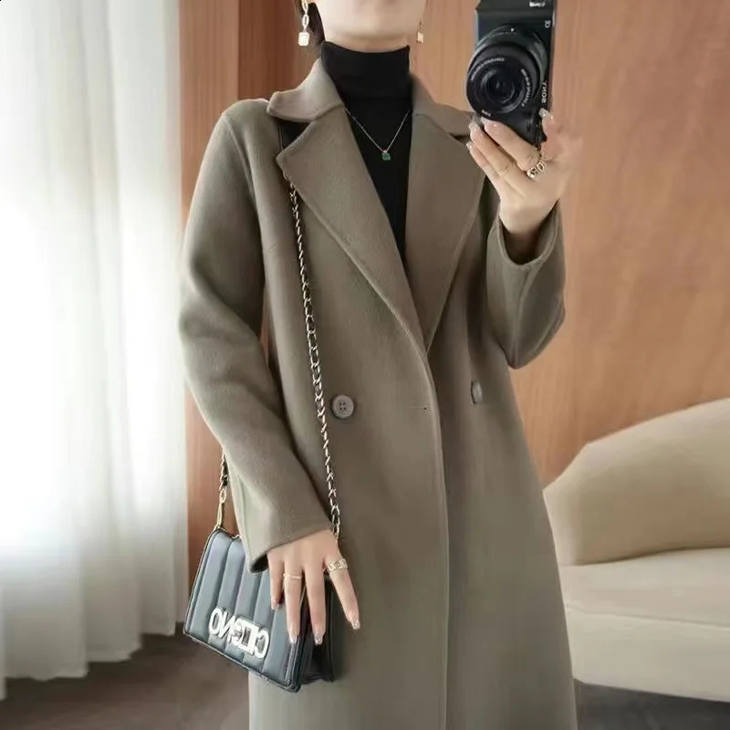 2024 Autumn 100 Double Sided Cashmere Coat Womens Winter Slim Temperament Wool Coats Solid Casual Female Long Overcoat 240905