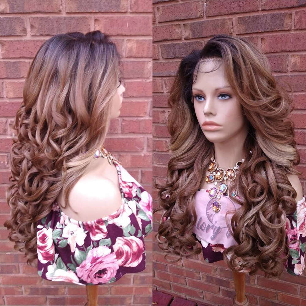 Human Hair Blend Curly Frontal Pre-Plucked HD Lace Auburn Blonde Wig Dark Roots For Women Free Parting Daily/Party