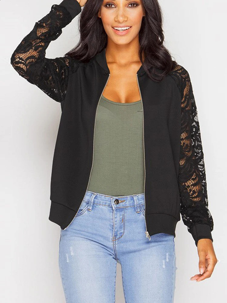 Womens Solid Casual Outwear Lace Long Sleeve Jacket Spring Autumn Elegant Zipper Coat Office Wear Slim 240910