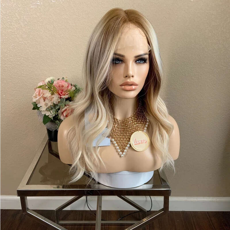 Lace Front Balayage Ash Blonde Highlights Synthetic Wig Heat Resistant Fiber Cosplay Halloween Wavy Wigs 10% Human Hair