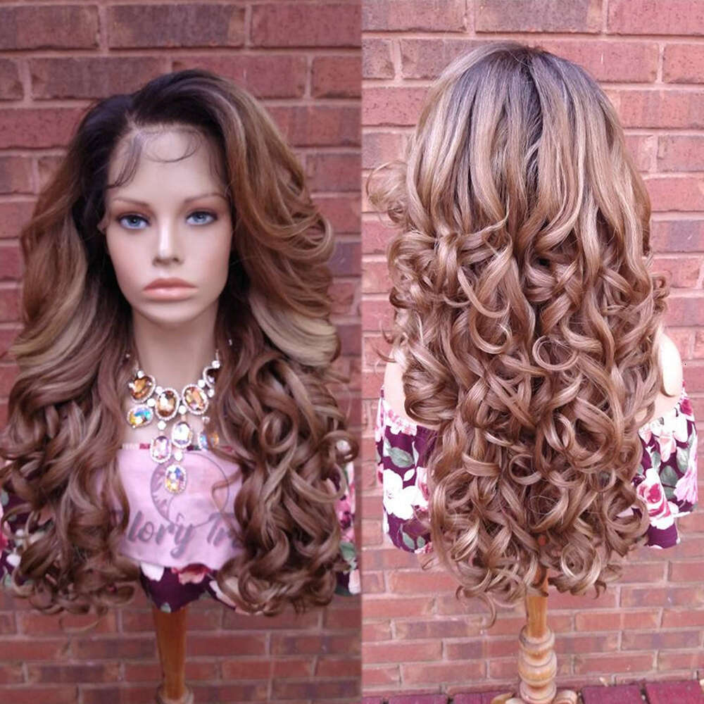 Human Hair Blend Curly Frontal Pre-Plucked HD Lace Auburn Blonde Wig Dark Roots For Women Free Parting Daily/Party