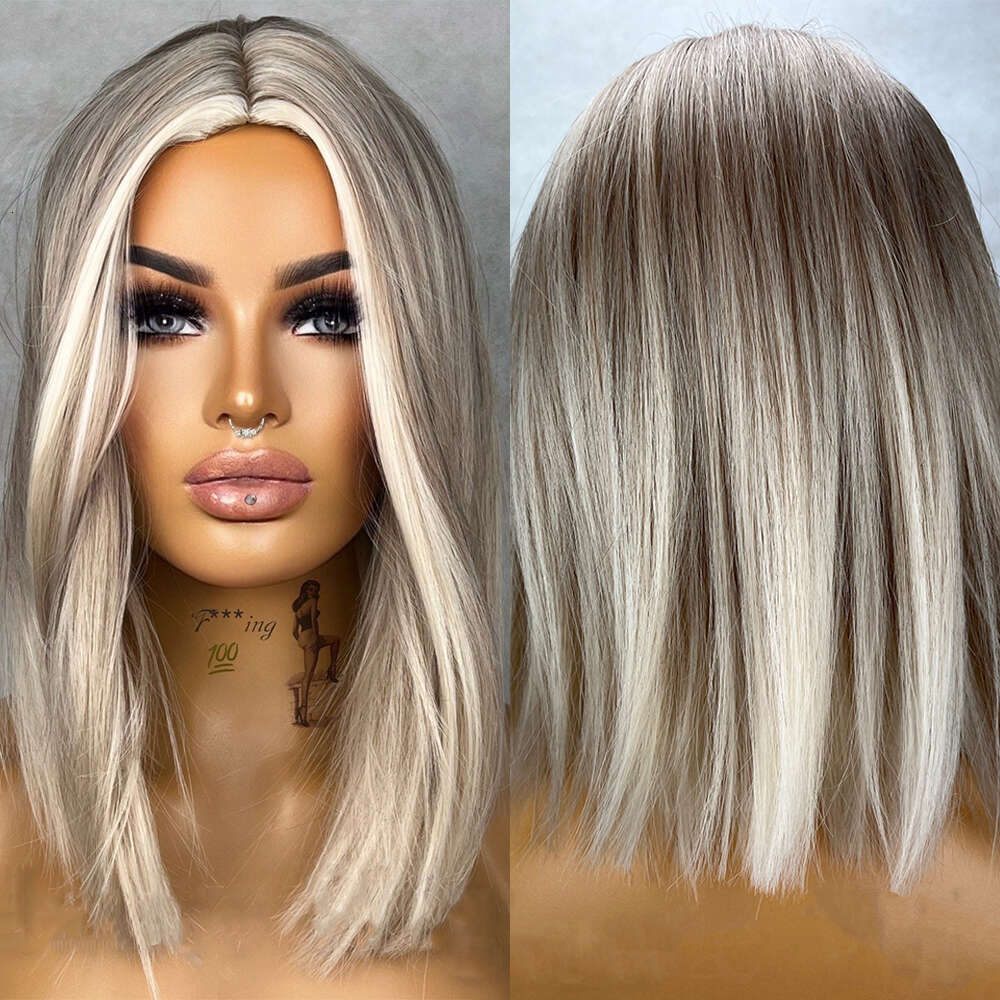 Japanese Synthetic Fiber 14" Ash Light Brown Platinum Blonde Lace Front Wig Strea Highlights Hair Eye Catching Gift Everyday