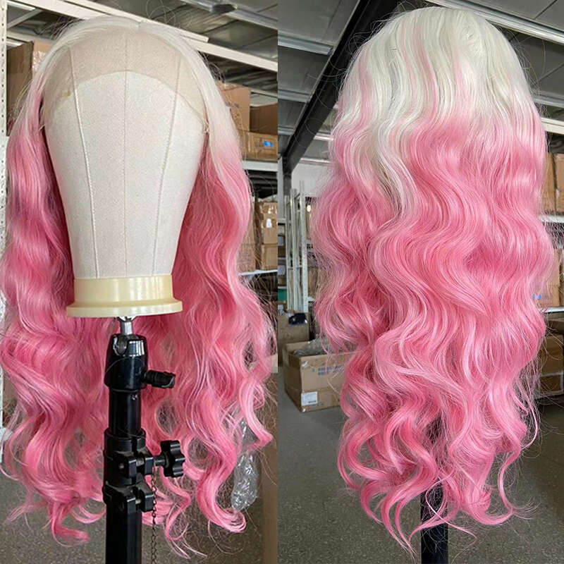 AIMEYA Ombre Pink Body Wave Lace Front Wigs For Women Middle Part Synthetic Natural Haire Daily Use Costume Party Wig