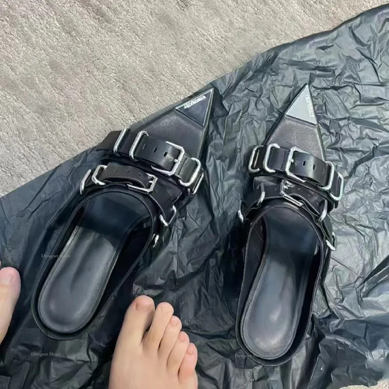 Niche High-End New Pointed Out High-Heeled Slippers With Metal Belt Buckle And Punk Wedge Heel Sandals