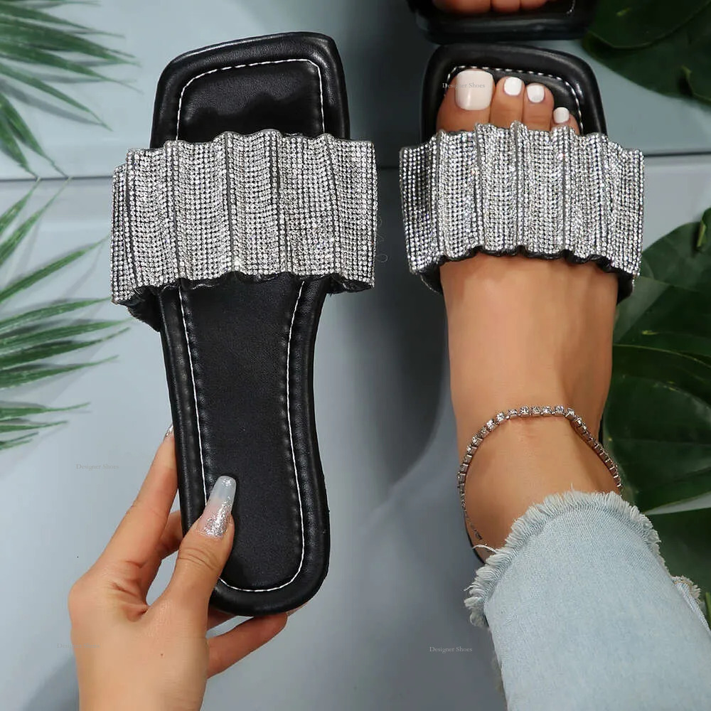 Women Flip Summer Flops Rhinestone Flat Sandals Ladies Black Slippers Female Round Toe Bling Sandalias Mujer 43