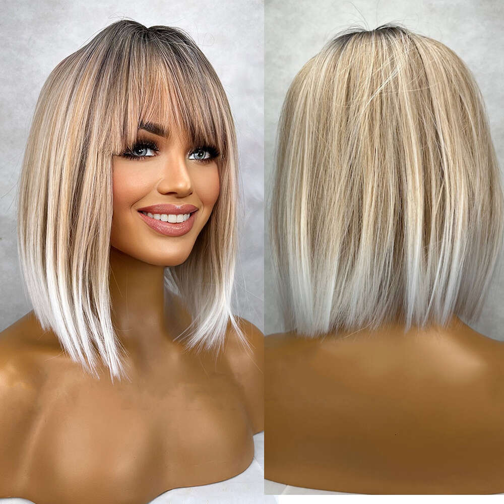 Short Ash Blonde Synthetic White Balayage Highlights Bob 12 Inch Straight Center Parting 150% Density Bangs Wig