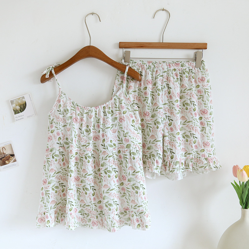2023 NEW Rose-Bush Suspender Summer Girl Pamas Cotton Gauze Short Sleeve Shorts Home Suit Sleepwear With Chest Pad
