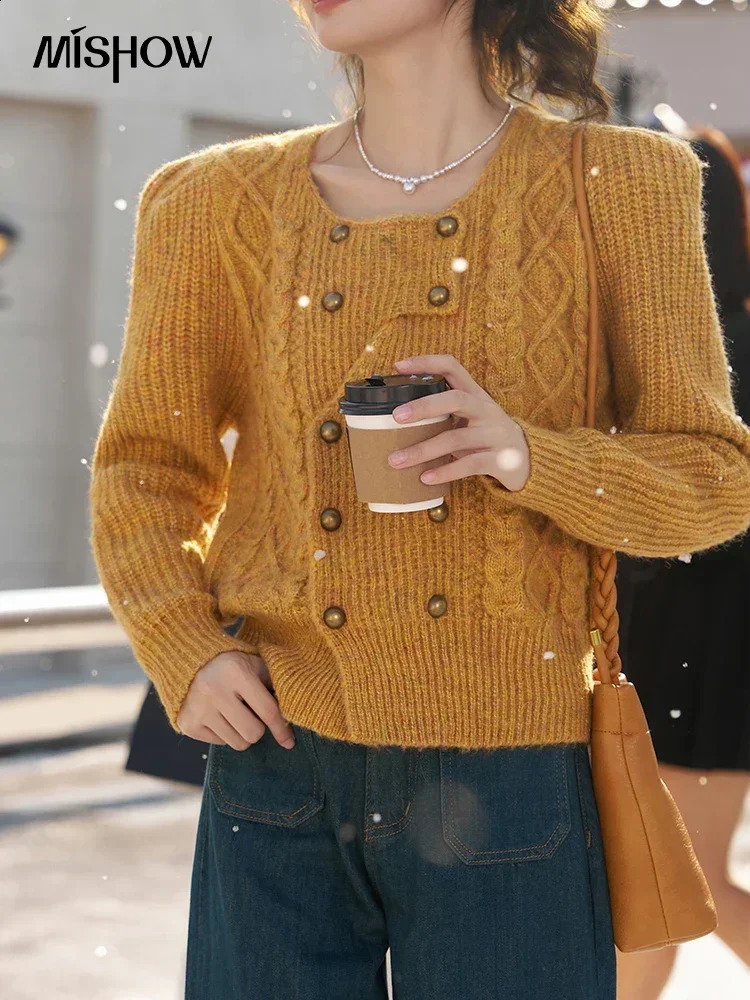 Mishhow wool blend cardigan womens autumn and winter loose round neck sweater double chest jumper MXC55Z0397 240906