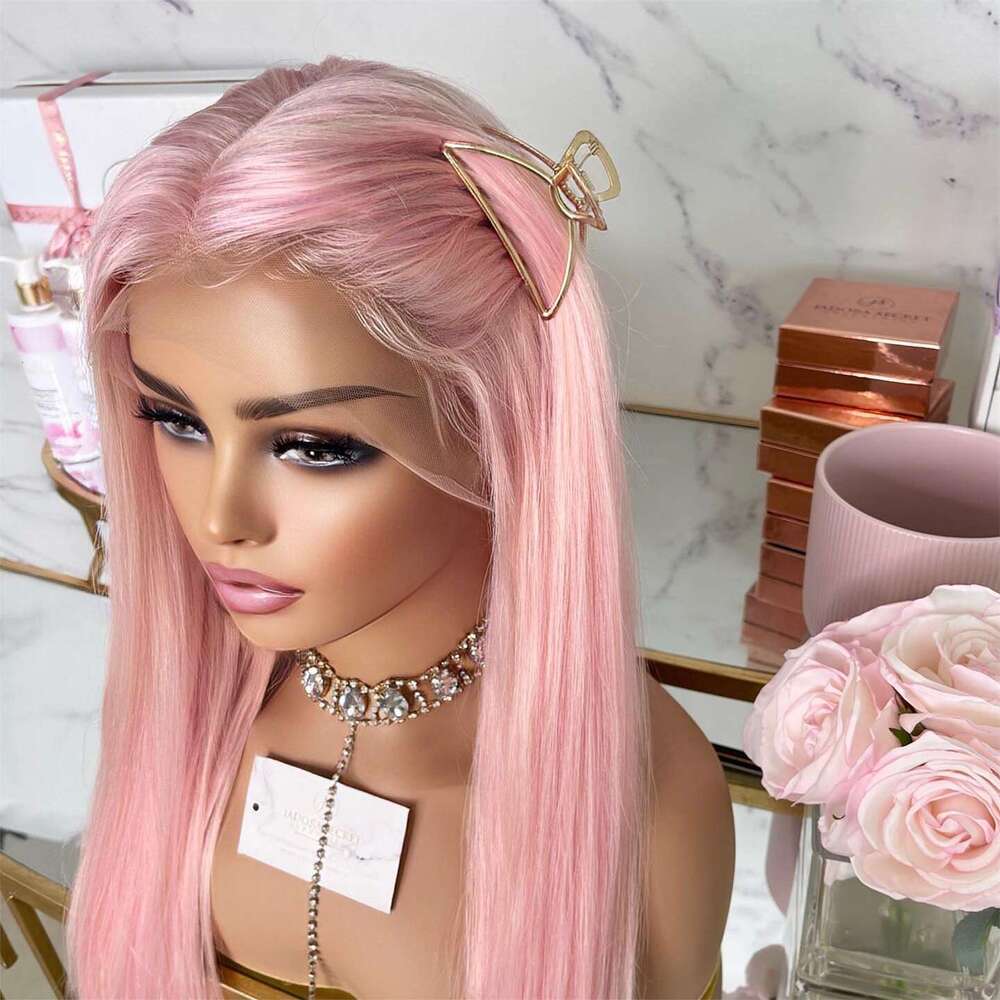 Light Long Synthetic Lace Front Wigs Heat Resistant Silky Straight Pink Hair Cosplay Wig