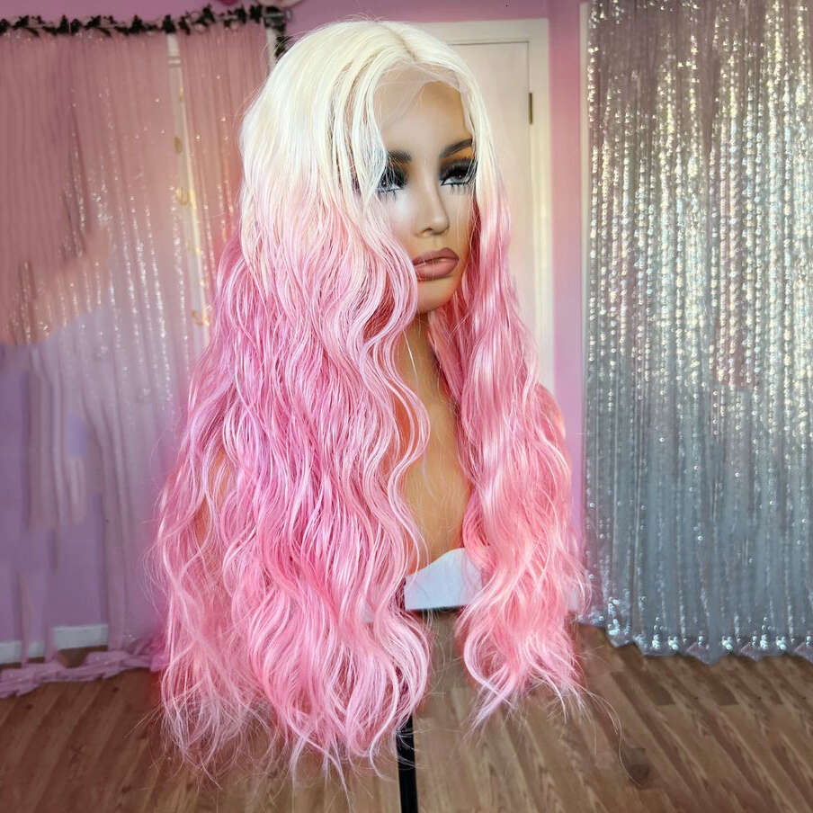 AIMEYA Ombre Platinum To Long Natural Wave Synthetic Lace Front Loose Curly Blonde Pink Wig Light Roots