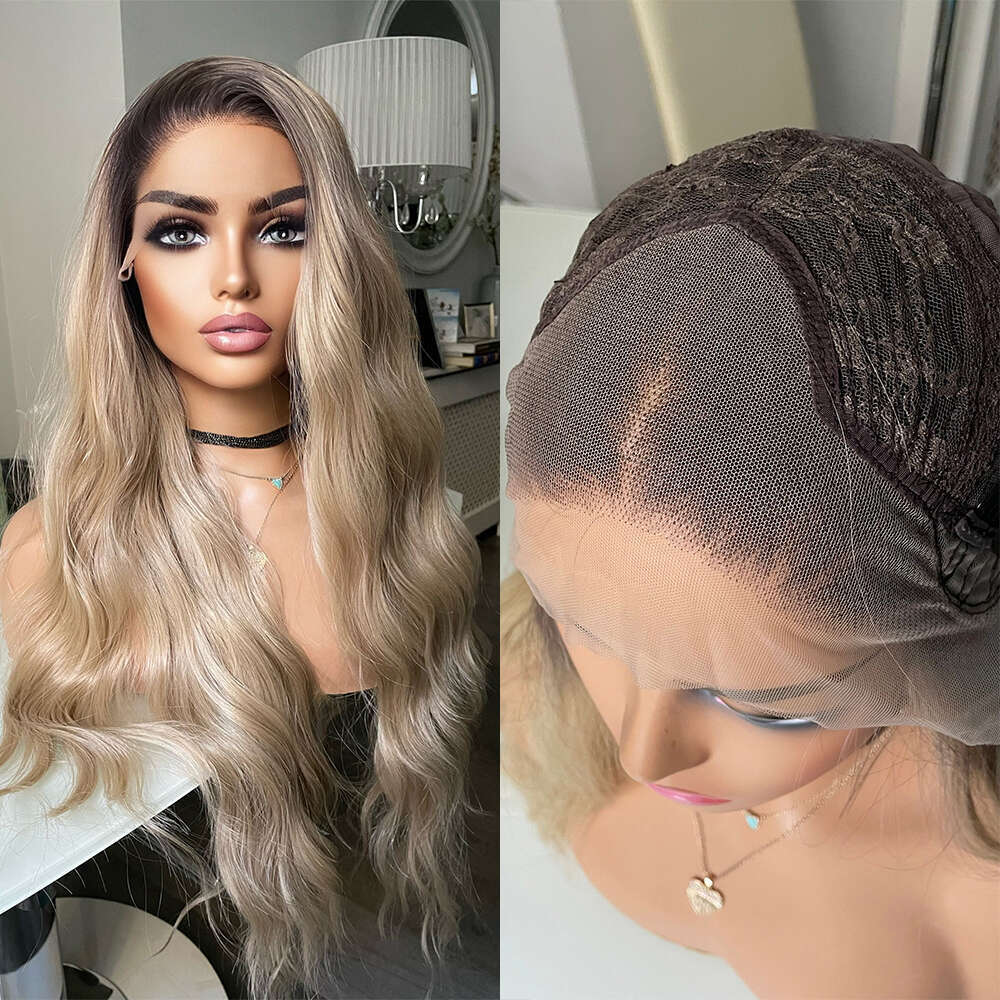 Ash Blonde Ombre Dark Brown Roots Synthetic Lace Front Wig For Alopecia Hair Loss Women Gift Daily Heat Resistant