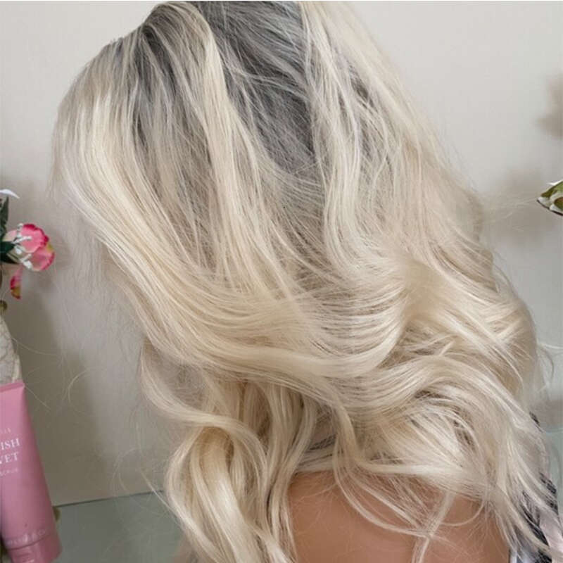 Platinum Blonde Lace Front Wig With Grey Roots Thick Shoulder Wavy Synthetic 16" 150% Density Ready To Ship 10% Human Hair