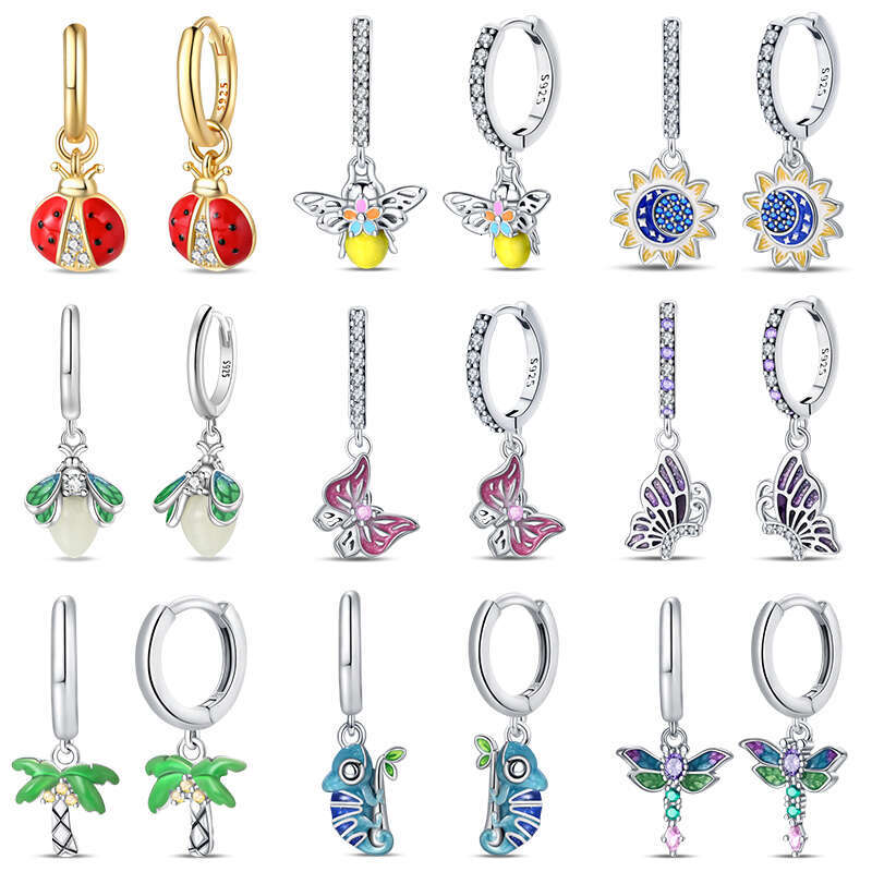 New Summer 925 Sterling Silver Luminous Firefly Ladybird Butterfly Double Hoop Earrings For Women Party Jewelry