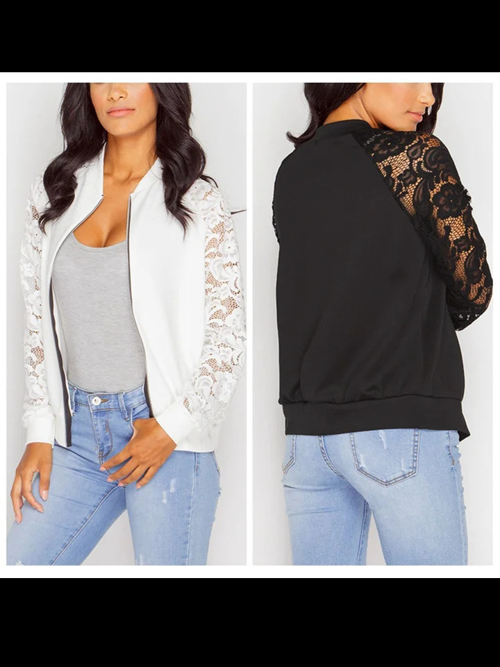 Womens Solid Casual Outwear Lace Long Sleeve Jacket Spring Autumn Elegant Zipper Coat Office Wear Slim 240910