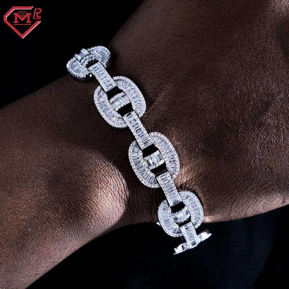 Hiphop 15Mm Gold Plated Sier Baguette Bracelet Necklace Set Miami Vvs Moissanite Cuban Link Chain