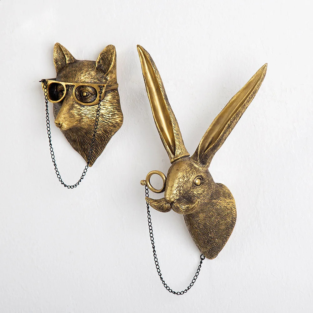 Nordic Bronzed Resin Animal Head Sculpture Pendant with Glasses Wall Mounted Bear Mouse Statue Figurine Hanging Pendant Ornament 240904