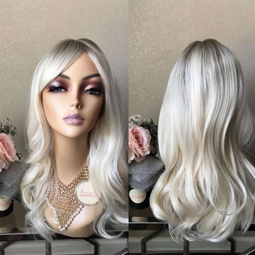 24'' Ombre Dark Root Platinum Blonde Synthetic Front Heat Friendly Fiber Wavy 10% Mixed Human Hair Lace Wig Cosplay