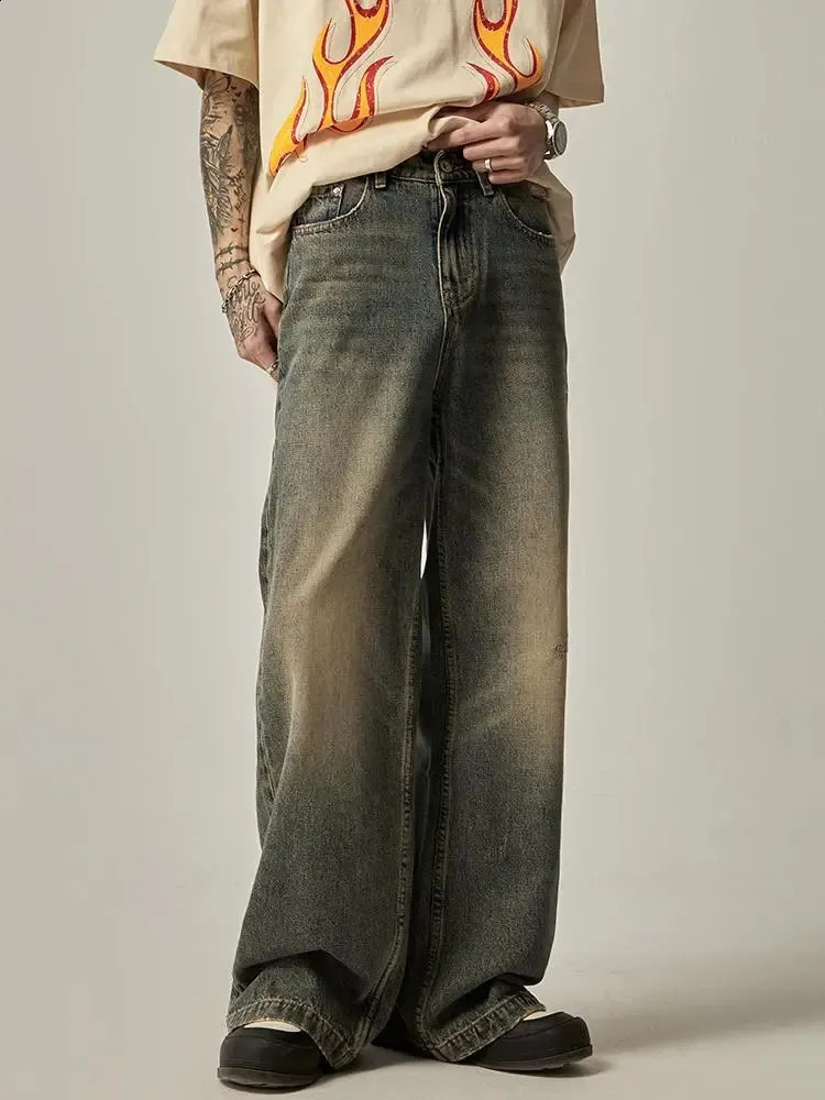 Vintage Blue Jeans Mens Clothing Spring and Autumn Holes Y2K Straight Pants Button Pocket Loose Trousers A030 240911