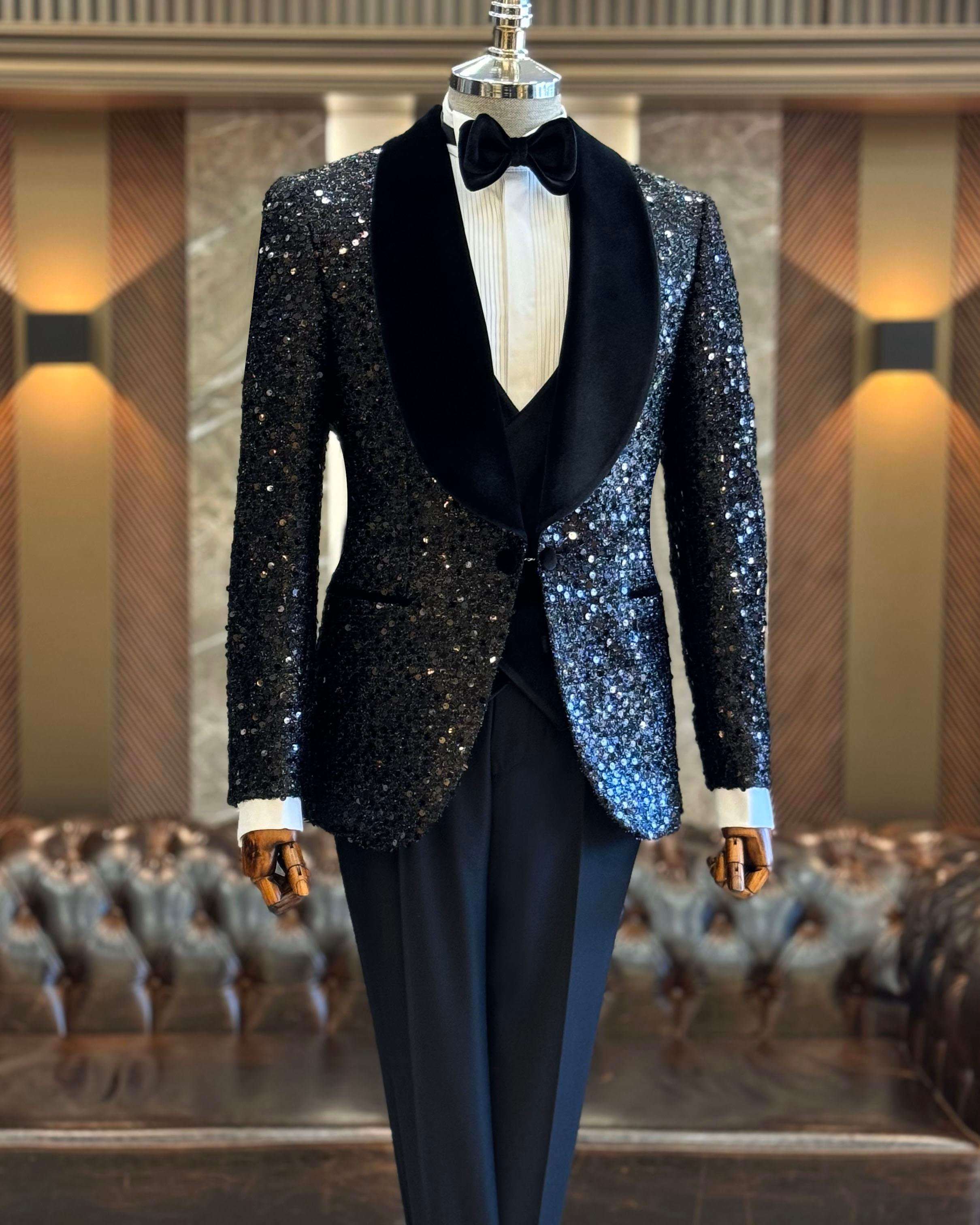 Sequined Mens Wedding Velvet Shawl Lapel One Button Jacket Pants Suits 2 Pieces Birthday Party Prom Formal Groom Wear