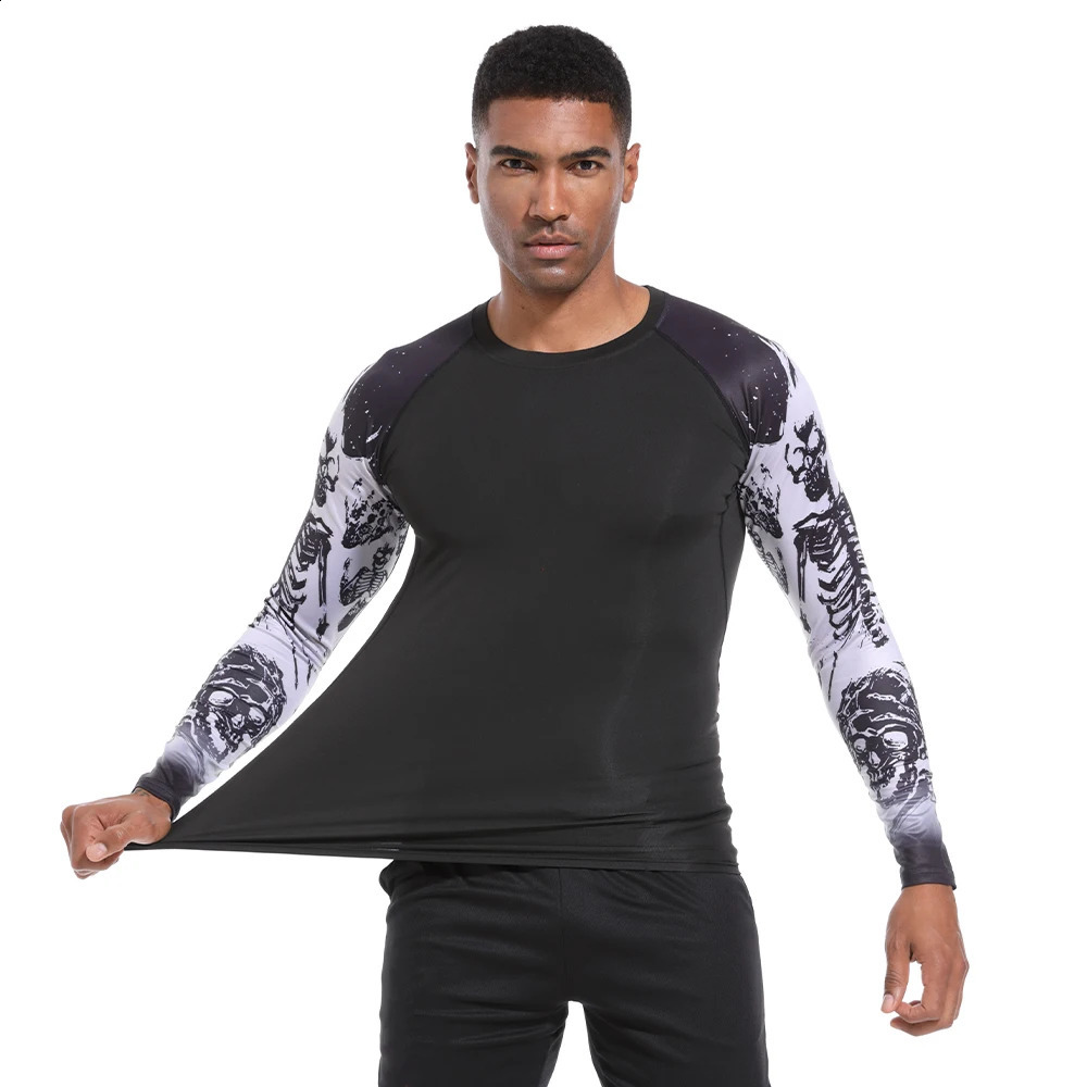 Mens Compression Shirt 3D Printed Long Sleeves Quick Drying Breathable Rash Guard Sports Jogging Gym Athletic Fitness Clothing 240905