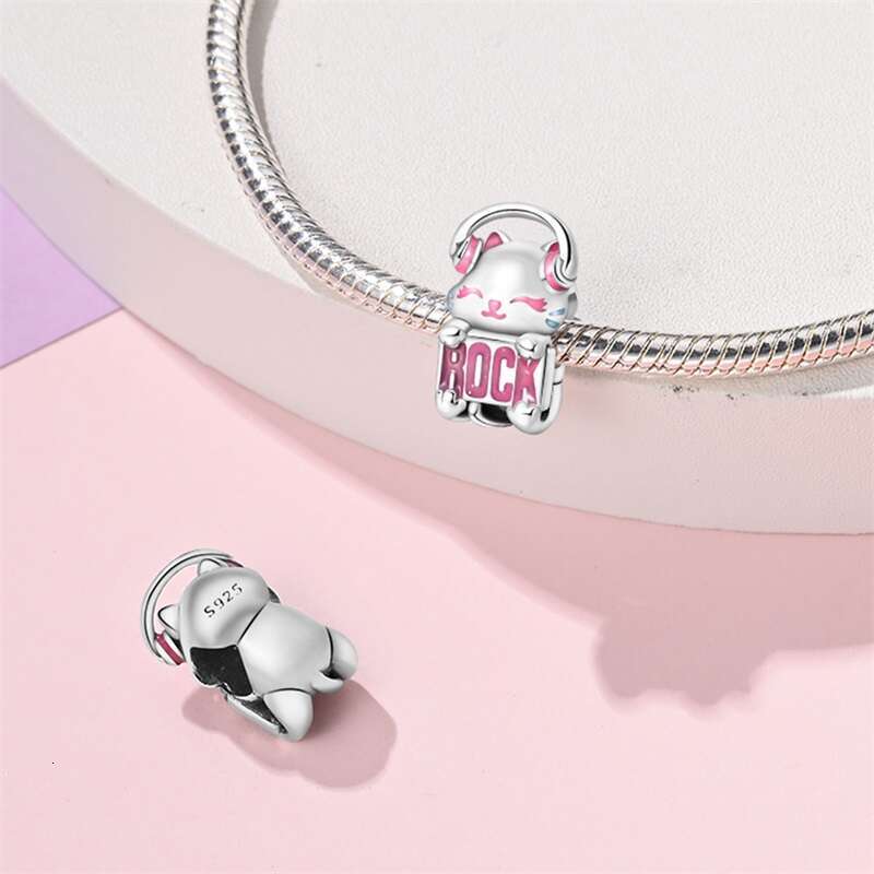 925 Sterling Silver Teacup Music Pink Cat Paw Charms Beads Fit Original Bracelet Fine DIY Cute Jewelry Gift