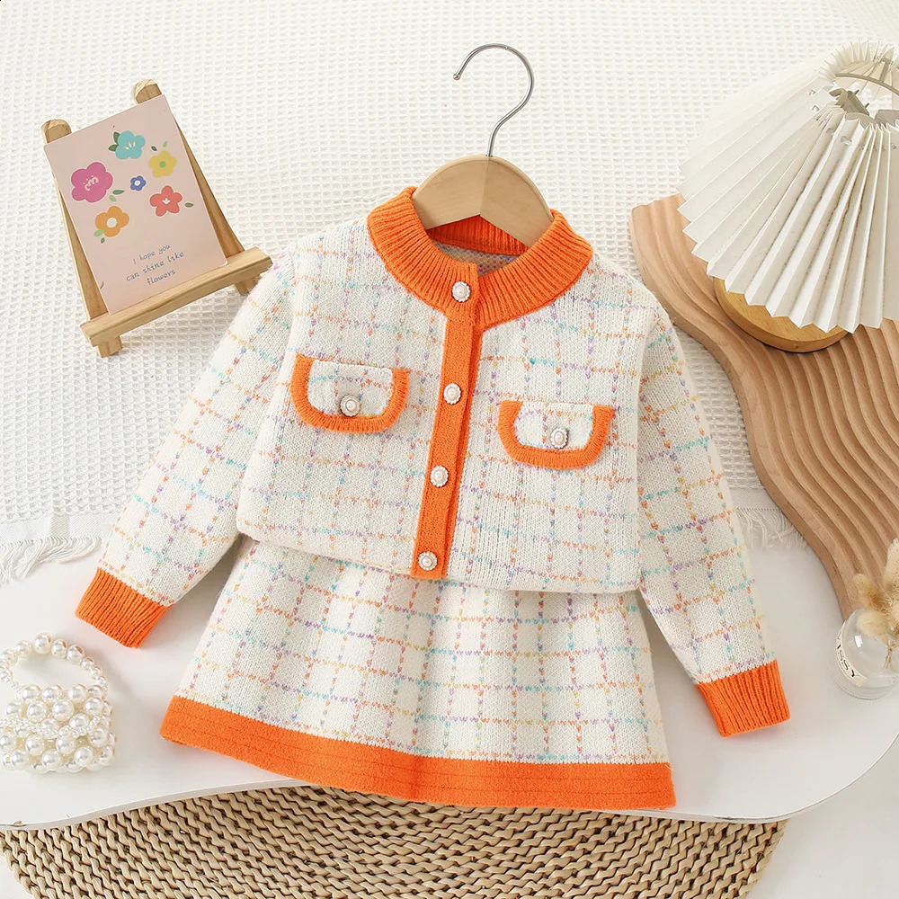 Girls ed Knitting Clothes Sets Girl Fall Winter Children Suits for 1-8Ys Kids 2Pcs Outfits Birthday Fashion Tweed Sets 240913