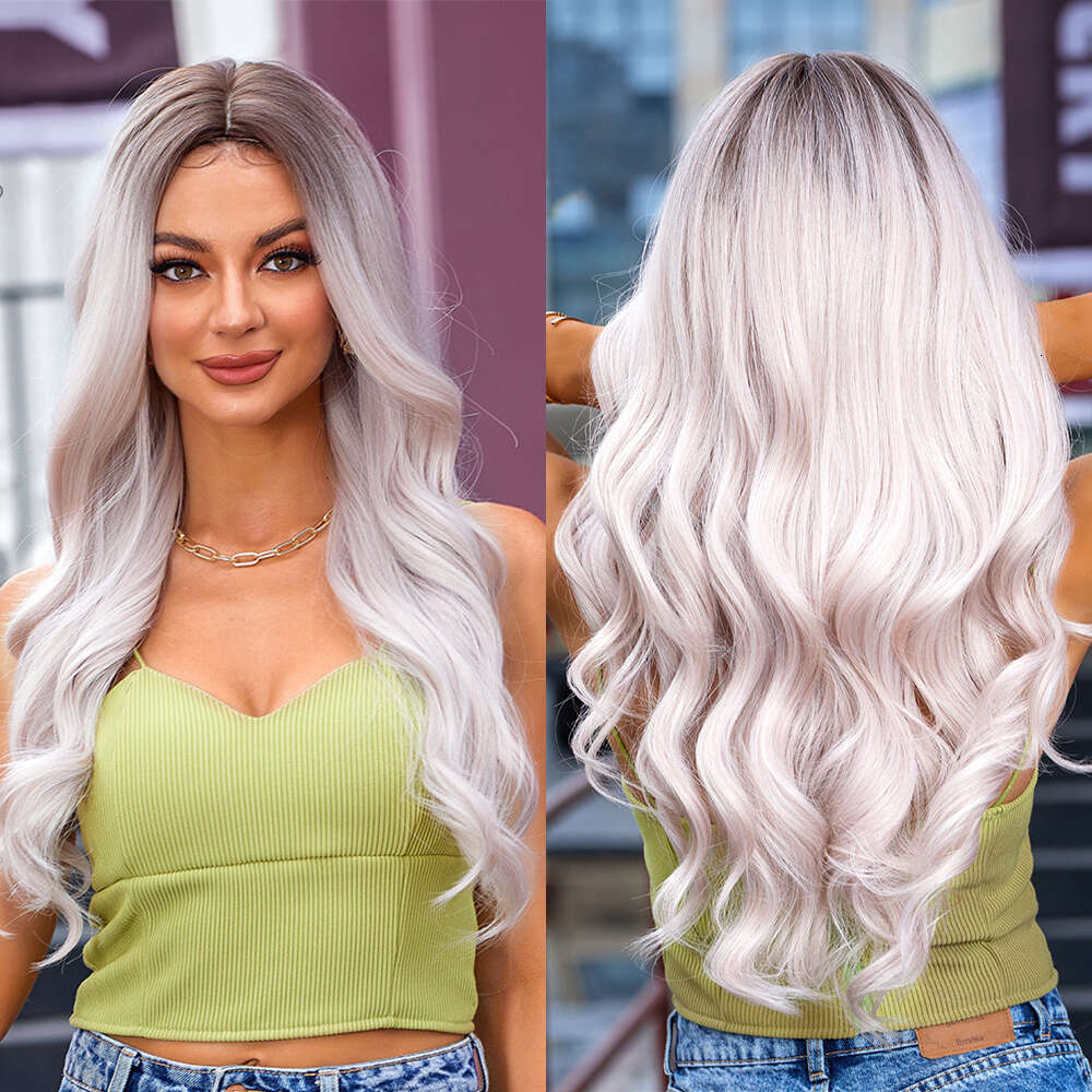 Platinum Synthetic Icy White Wavy Ash Blonde Roots Lace Front Wig Mixed Human Hair Daily Heat Resistant For Women