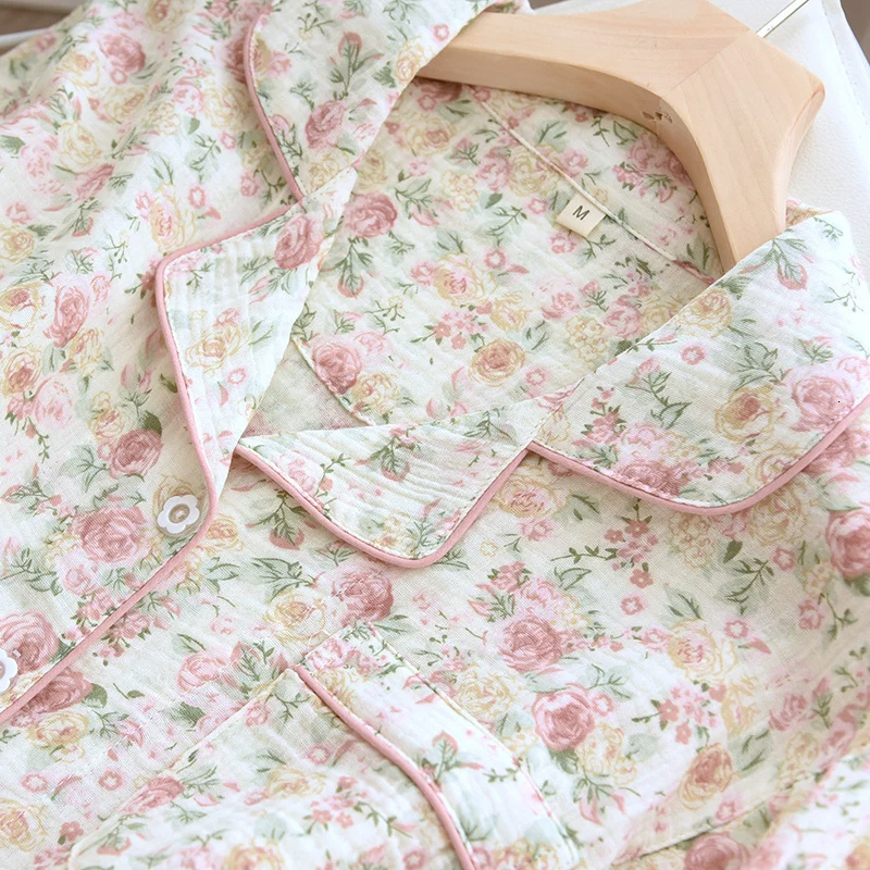 2024 Autumn Cotton Crepe Women's Pamas Casual Soft Loose Sleepwear Long Sleeve Pants Pama Sets Night Clothes 2-Piece Set