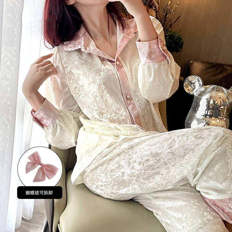 Women Veet Long Sleeve 2Pcs Pamas Set Nightwear Loose Lounge Wear Home Clothes Autumn Winter New Sleepwear Pyjama Pour Femme