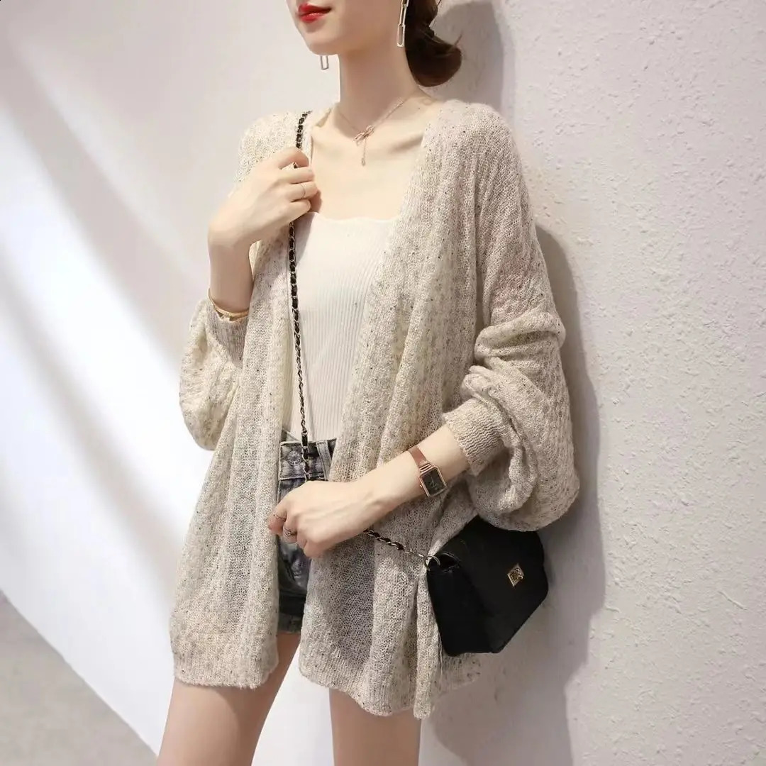 Sunscreen Thin Knitted Cardigan Summer Womens Fashion Loose Korean Version Lazy Lantern Sleeve Outer Outfit 240904