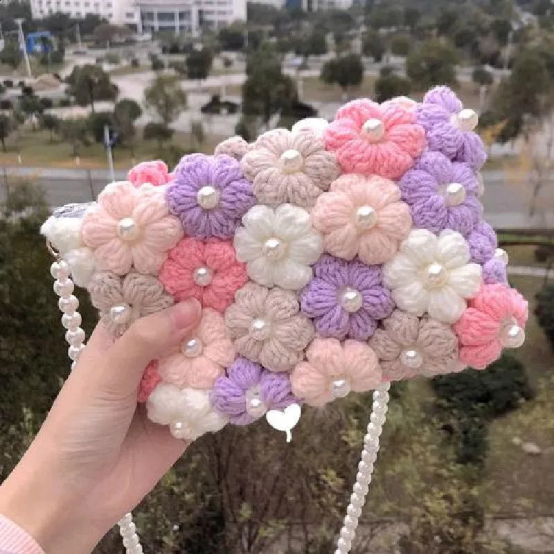 Hand woven wool backpack handbag beautiful flowers crochet hook bag easy to move and store 240913