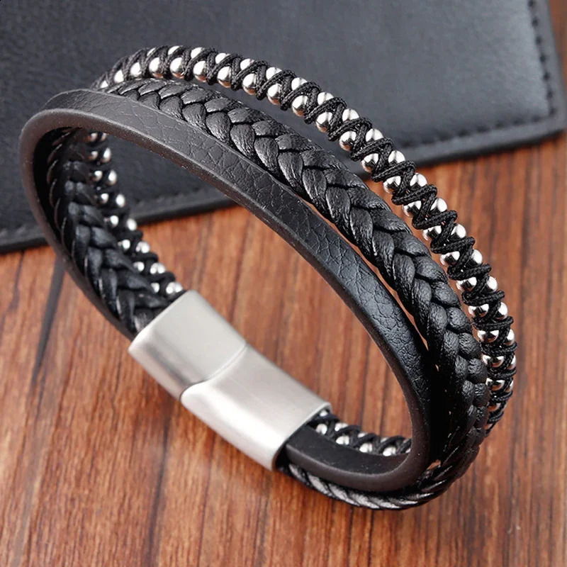 Woven rope woven black leather mens bracelet punk style stainless steel bracelet used for friends charm fashion jewelry gifts 240914